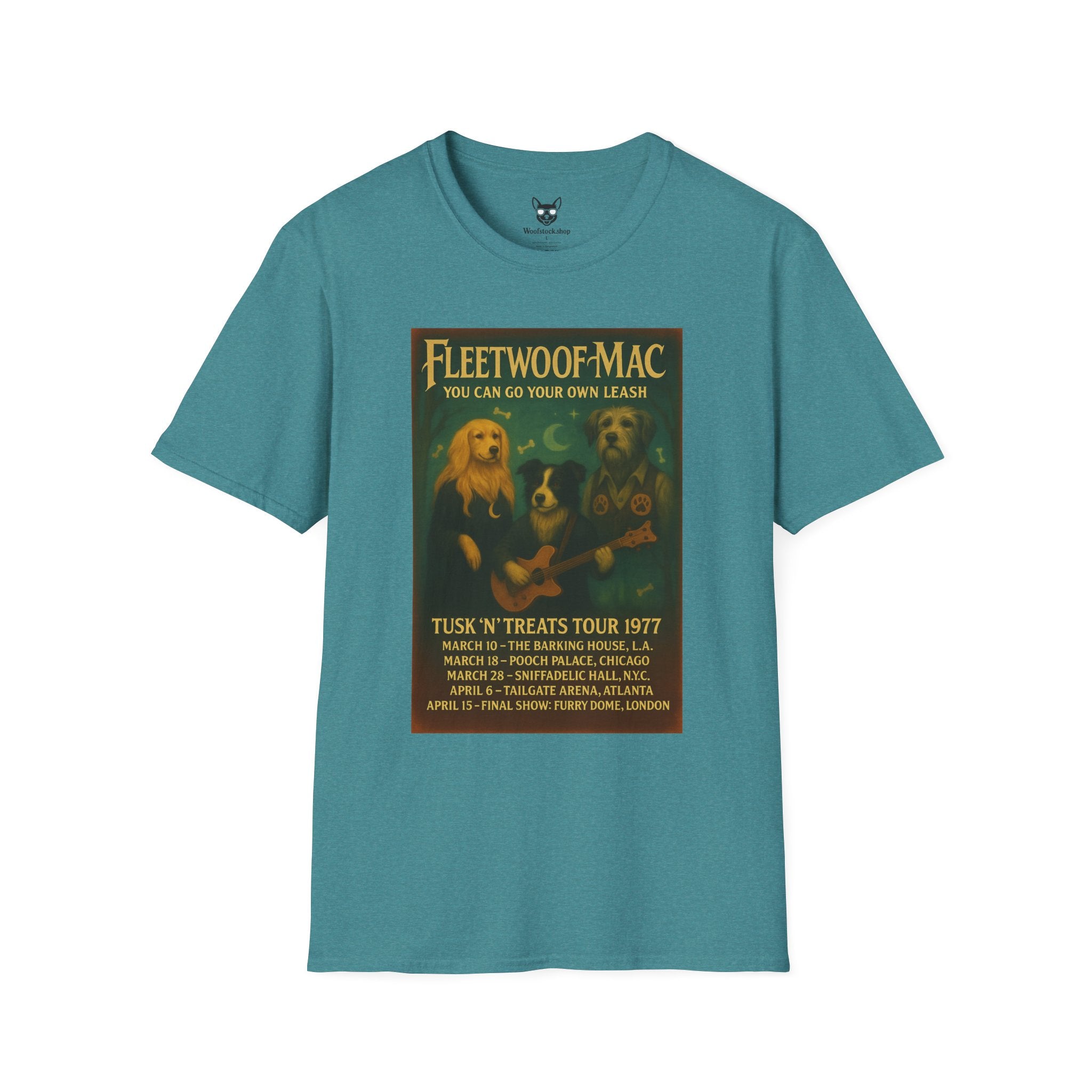 Fleetwood Mac Concert Poster Dog Parody Unisex Softstyle T-Shirt – Funny Tee for Music and Dog Lovers